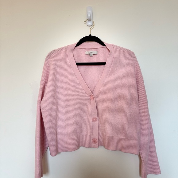 LOFT Sweaters - LOFT Soft Pink Ribbed V-Neck Button Cardigan
